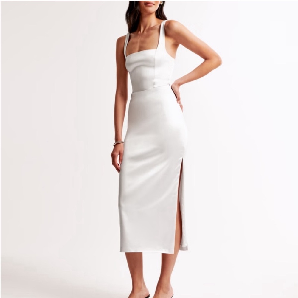 Abercrombie & Fitch White Square-Neck Midi Dress with Side Slit